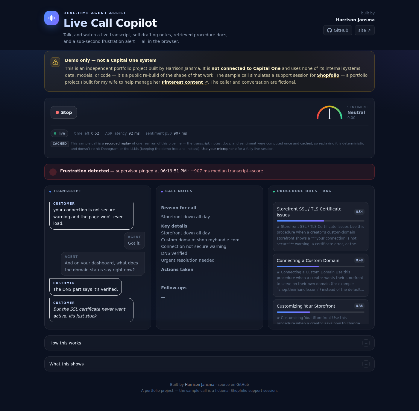 Live Call Copilot — streaming transcript, self-drafting notes, RAG procedure docs, and a frustration alert